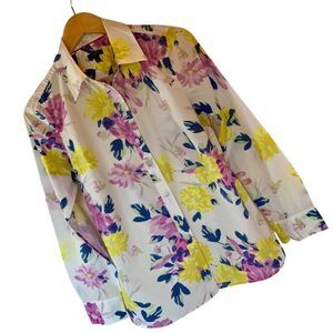 TALBOT’S Women’s Small Button Up Shirt Blouse Floral Print Purple Yellow Cheery